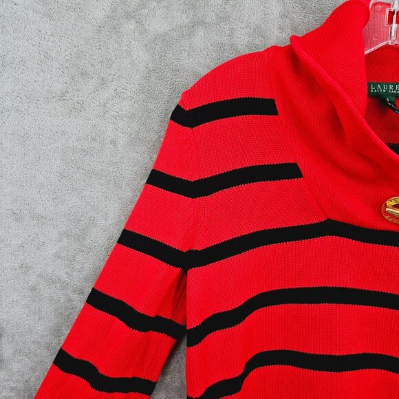 Ralph Lauren LRL Sweater S Red Black Stripe Metallic Gold Toggle Closure Cotton - Picture 3 of 11